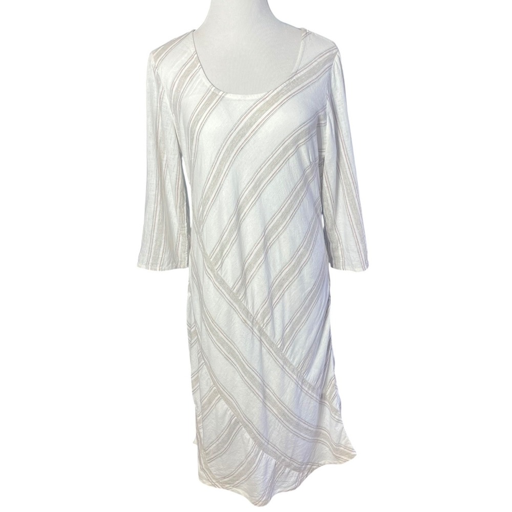 Soft Surroundings Womens Linen Blend Striped Scoop Neck 3/4 Sleeve Dress M 2EY09